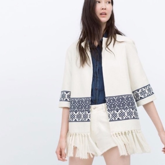 Zara Jackets & Coats Zara Blue And White Fringe Jacket Poshmark